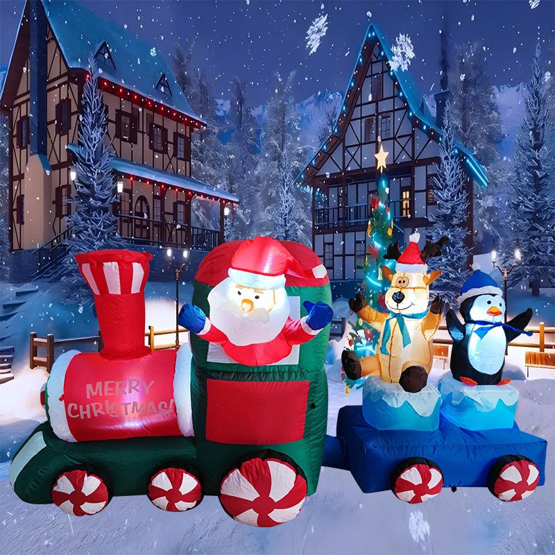 Inflatable Toys Christmas Decorations 2.1M/7FT Santa Drive Train with LED Lights Model Party Holiday Props Outdoor Xmas Decor
