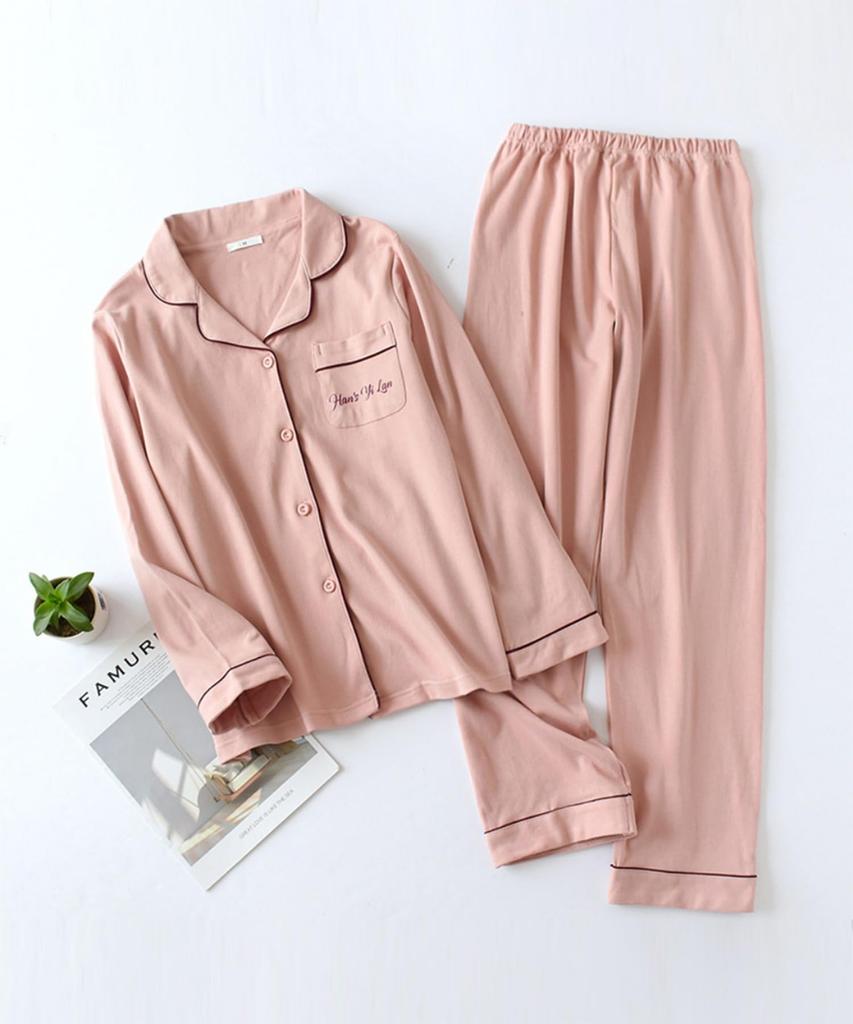 Aimoha Cotton Loungewear Long Open Wide Top and Elastic Solid Korean Ulzzang Cotton Fabric Women's 100% Pajamas, Set, Sleeves, Front, Pants, Bottoms,