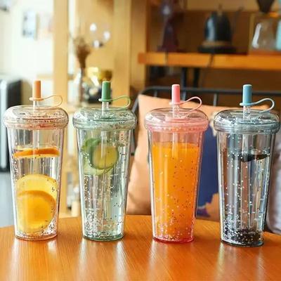 Бутылка для воды 320/420/520 мл с трубочкой Прозрачные стеклянные бутылки Большая емкость Пластиковая кофейная чашка с крышкой Питьевая чашка с трубочкой
