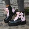 Fashion Sweet Pink Bowknot Mix Color Ankle Boots Women 2025 Autumn Thick Bottom Lace Up Boots Candy Punk Metal Decoration Booties Size42