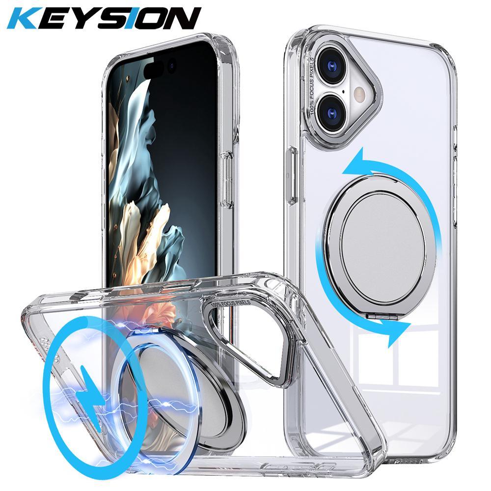 KEYSION Противоударный матовый чехол для MagSafe для iPhone 16 16 Plus с вращающимся на 360 ° магнитным кольцом-подставкой, прозрачная задняя крышка для телефона