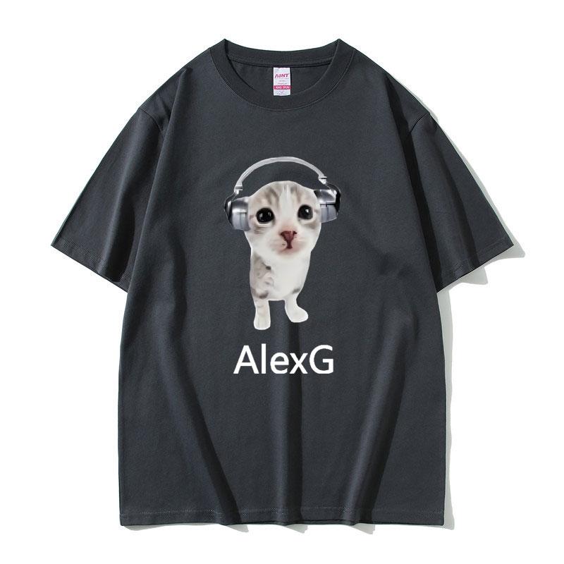 Лето 2025 Певец Alex G Футболка Милый Забавный Кот в Наушниках Мем Графический Принт Мужская Женская 100% Чистый Хлопок Печатная Футболка