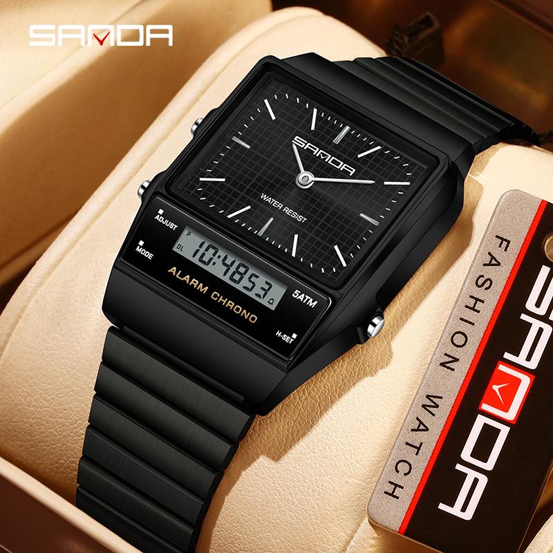 Thin Square Digital Analog Watches Slim Case Waterproof Steel Band Multi Function Retro Wrist Watch Unisex