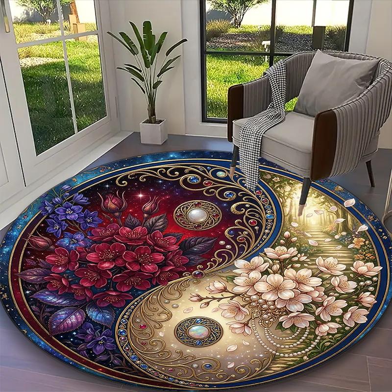 1pc Lotus Blossom Yin Yang Printed Chair Rug for Home Office Use, Living Room Kitchen Game Room Round Carpet