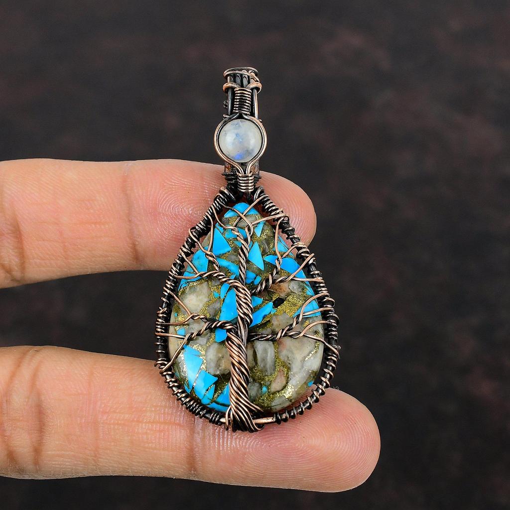 Древо Жизни Розовый Опал Медь Бирюзовый Подвеска Медная Проволока Обернутая Подвеска Подвеска Из Драгоценного Камня Ювелирные Изделия Ручной Работы Из Медной Проволоки Подвеска из Лунного Камня