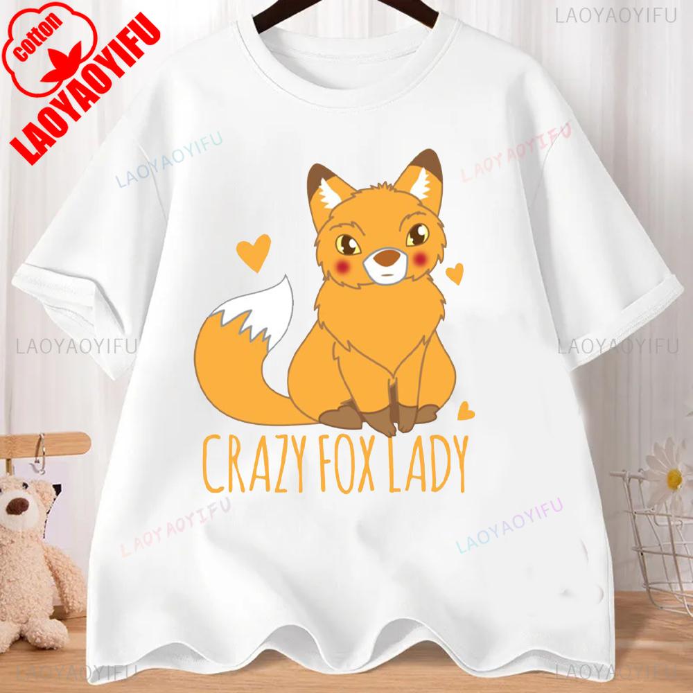 Lovely Cartoon Fox Graphic T-shirts Comfort and Fashion Coexist Short-sleeve Round Neck Regular Fit Clothes CRAZY FOX LADY