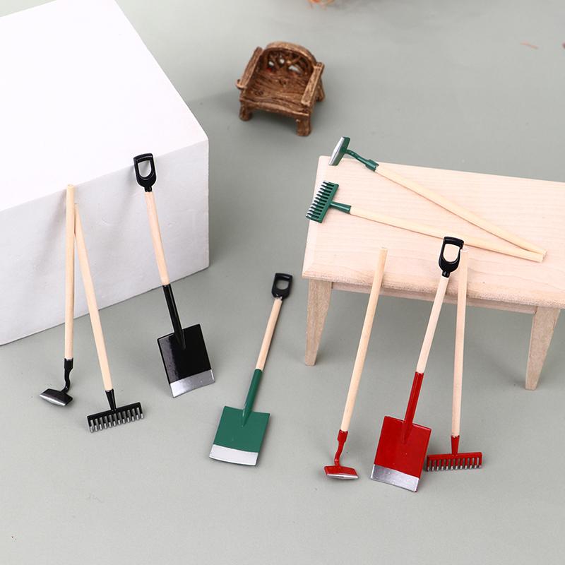 3Pcs 1:12 Dollhouse Miniatures Gardening Shovel Rake Hoes Farm Tool Doll Decor Fairy Garden Accessories Furniture Toys