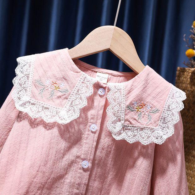 Рубашка с длинными рукавами для маленьких девочек, топ с цветочной вышивкой и лацканами, детская одежда