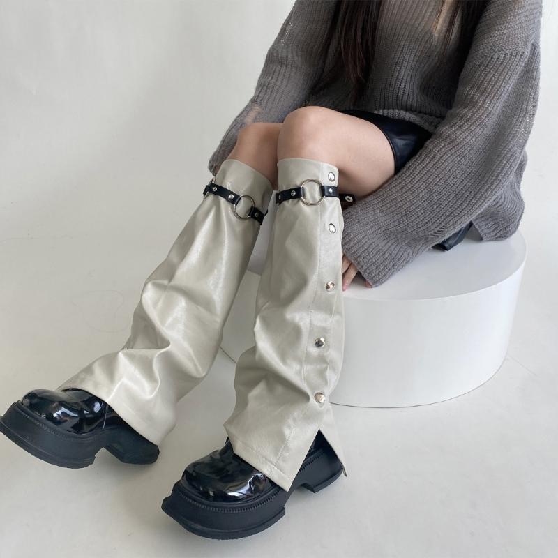 Женские грелки на ноги Harajuku с пряжкой из кожи, с панковскими боковыми пуговицами, широкие, расклешенные, для ботинок, длинные носки на икры, уличная одежда
