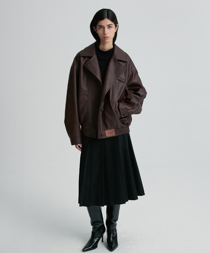 RE RHEE Oversized Leather Bomber Jacket Burgundy