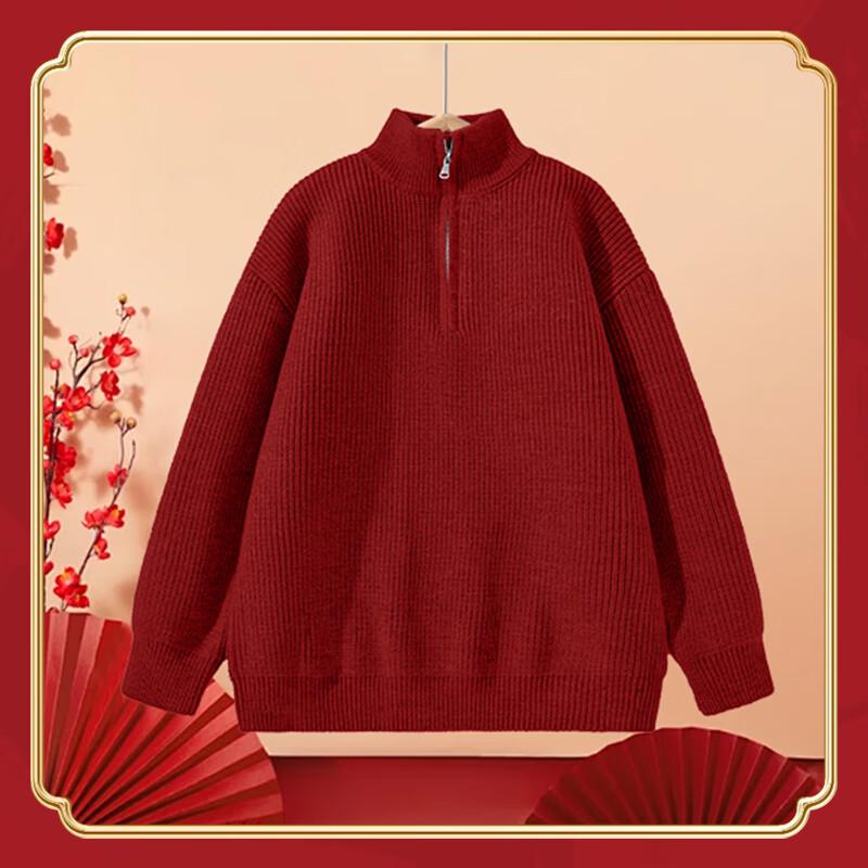 JEEP SPIRIT Men's Thickened Winter Red Knit Sweater