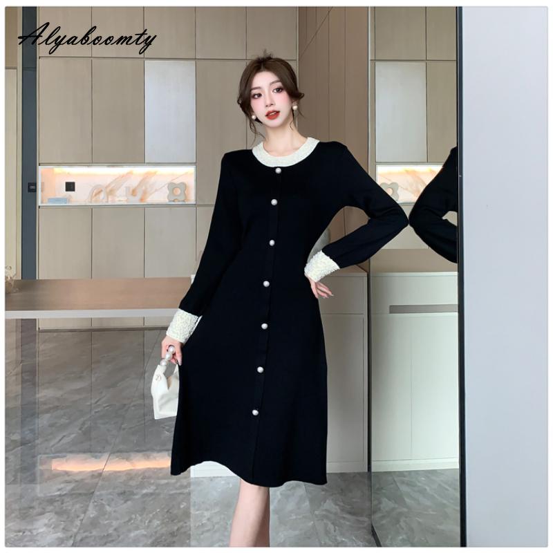 Осенне-зимнее женское черное платье-свитер с круглым вырезом, великолепное вязаное платье с бисером, роскошное праздничное трикотажное платье с нежным жемчугом