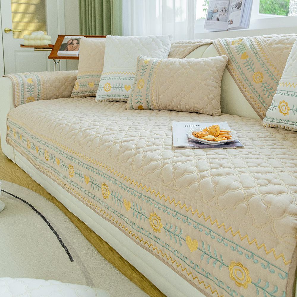 Pure Cotton Embroidered Quilted Sofa Cushion, Universal for All Seasons, Simple Fabric Seat Cushion, Practical Sofa Towel