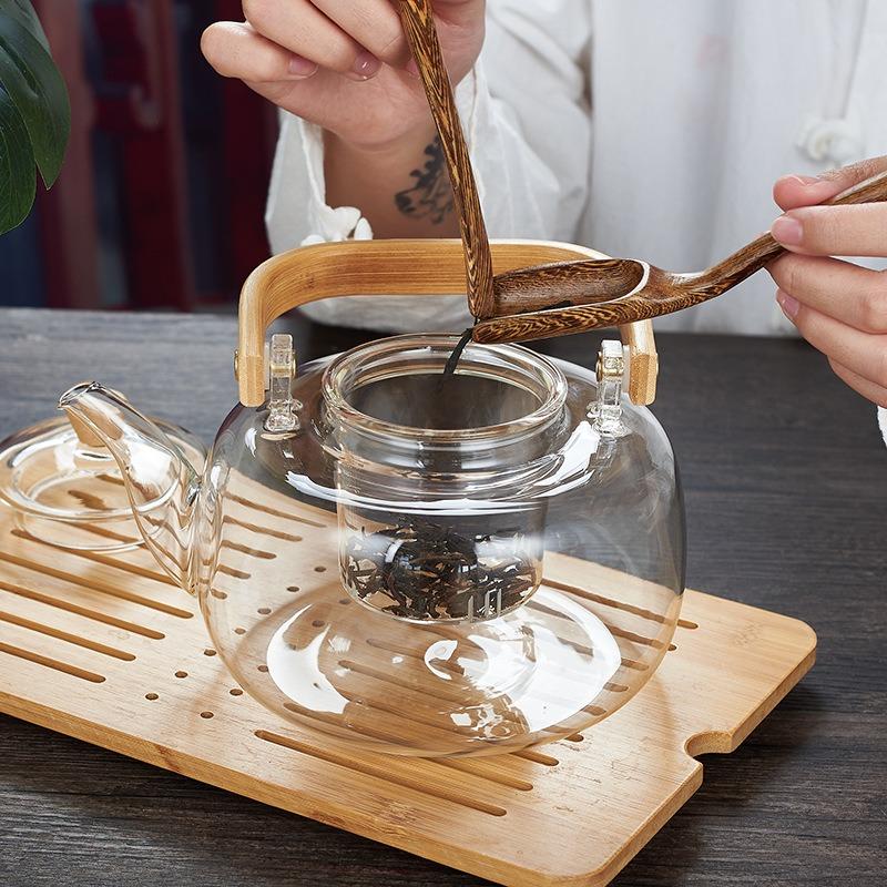 1000/1200ml Teapot High Borosilicate Glass Chinese Tea Ceremony Clear Teapot with Filter Wood Handle for Electric Ceramic Stove