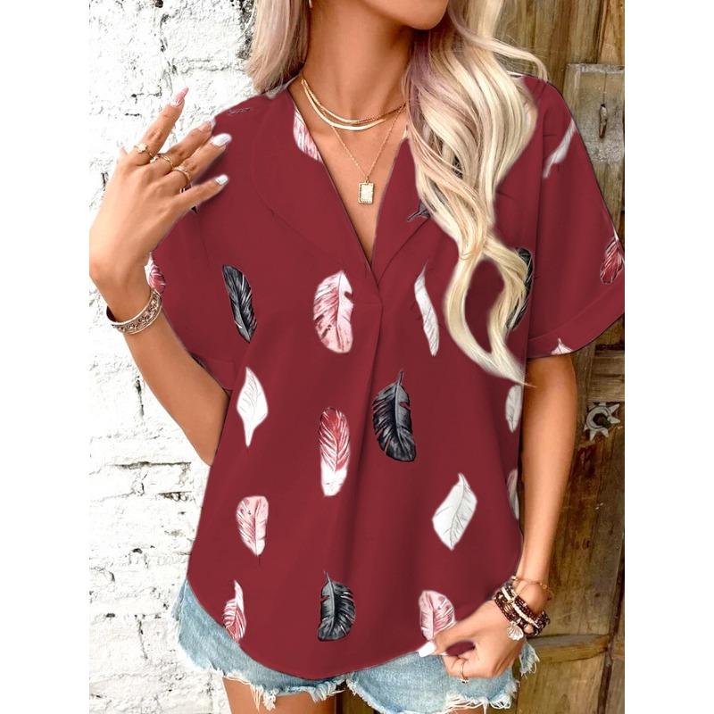 Women's Fashion Casual Summer Spring Feather Print Short Sleeve POLO Neck Blouses & Shirts