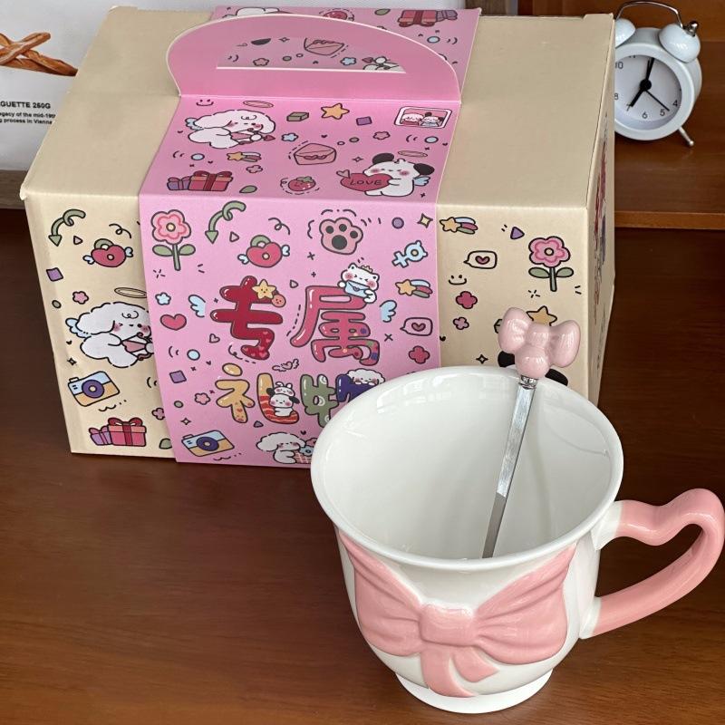 Cute Hand-painted Bow Mug Birthday Gift Girls Practical Ceramic Cup Girlfriends Souvenir Gift Box