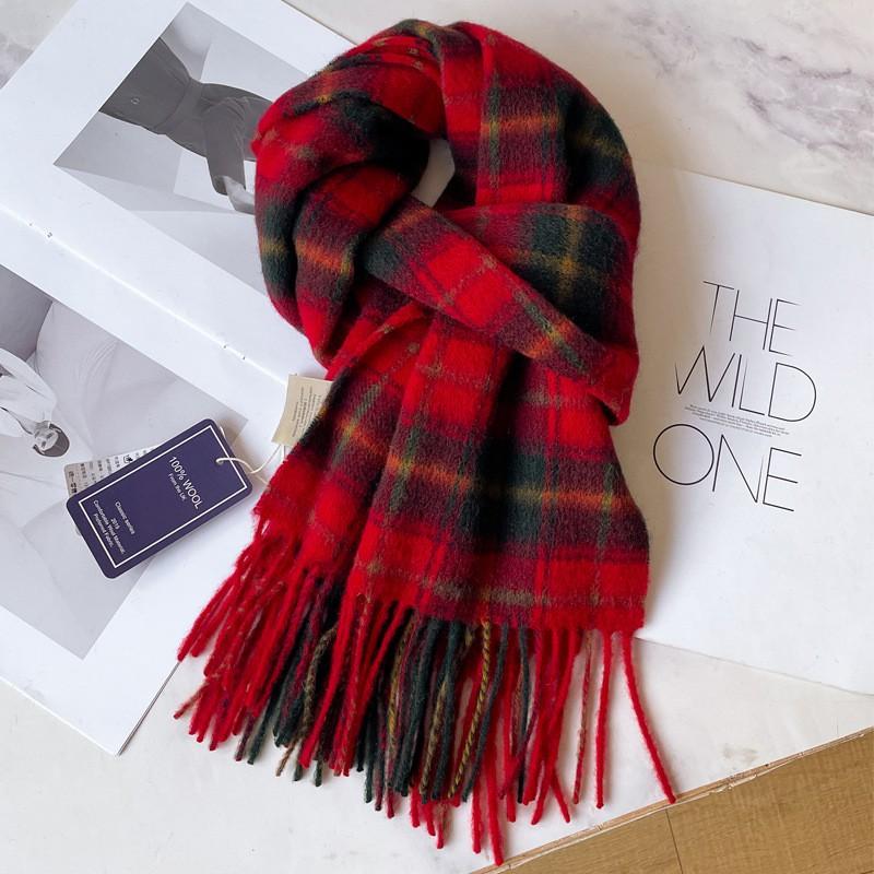 100% Wool Plaid Scarf Men Women Couple Warm Cashmere Blend Checked Winter Neckwear