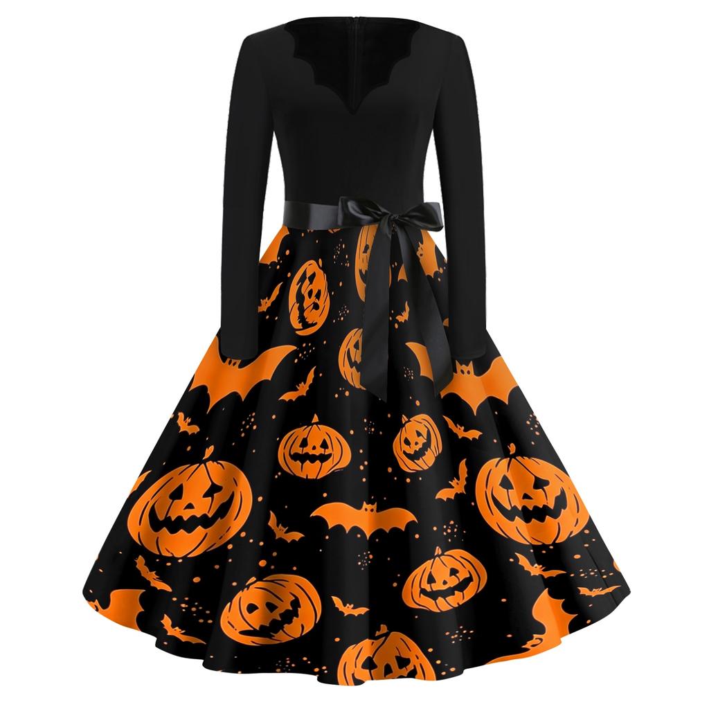 Women's Casual Vintage V Neck Dress Halloween Printed Long Sleeve Retro Style Pumpkin Bat Pattern Full Skirt Dress with Waist Tie