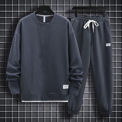 Комплект мужской спортивной одежды из 2 предметов с круглым вырезом, длинными рукавами, топами, эластичными завязками на талии, карманами, спортивными штанами, вафельной текстурой, спортивный костюм для отдыха