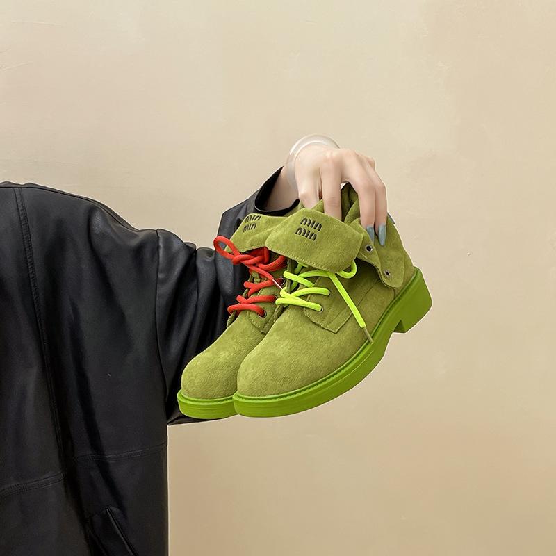 2025 осень и зима новая мода ретро британский стиль складные контрастного цвета толстый каблук ботинки Мартин женские повседневные рабочие ботинки короткие ботинки