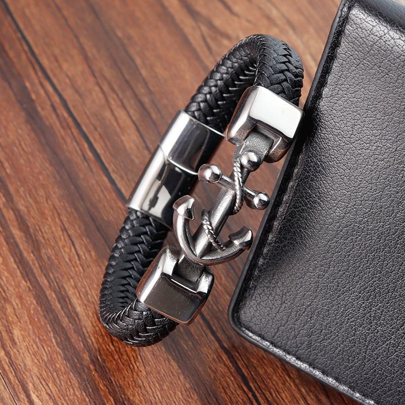 Модные плетеные браслеты с якорем из нержавеющей стали в стиле панк для мужчин, черные ювелирные изделия в стиле хип-хоп, мужские браслеты из искусственной кожи