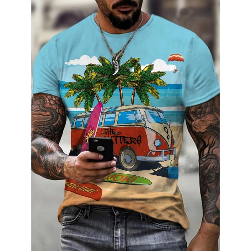 Men's Scenic Print T-shirt Casual Short Sleeve Crew Neck Tee Men's Clothing Outdoor Soft Slight Stretch Polyester Blend Fabric