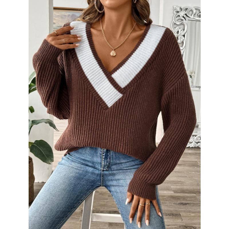 Осенне-зимний женский свободный свитер с V-образным вырезом в стиле пэчворк с контрастными цветами