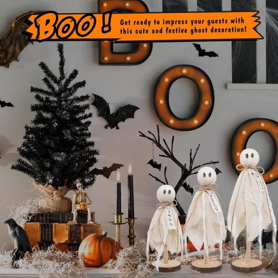 3Pcs/Set Halloween Ghost Decorations Rustic Centerpiece with Fabric Ghost Figures