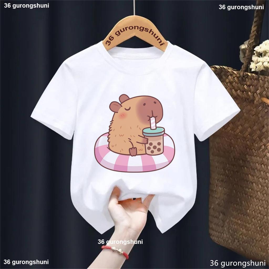 Funny T Shirt Capybara With Turtle Loves Bubble Milk Tea Printed T Shirt Girls/Boys Kawaii Kids Clothes Harajuku Shirt Tops