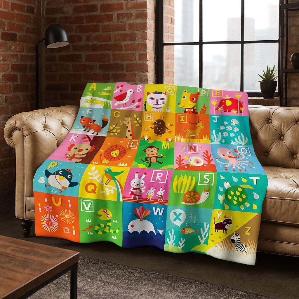 ABC Animal Alphabet Cartoon Early Educatio Children Flannel Blanket,Cozy Soft Throw Blanket for Home Bedroom Bed Sofa Cover