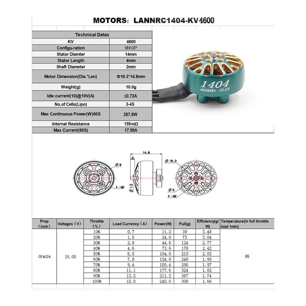 LANNRC 1404 PLUS 4600KV Бесщеточный двигатель 2 ~ 4S Lipo, диаметр вала 1,5 мм для зубочистки 2 ~ 4 дюйма