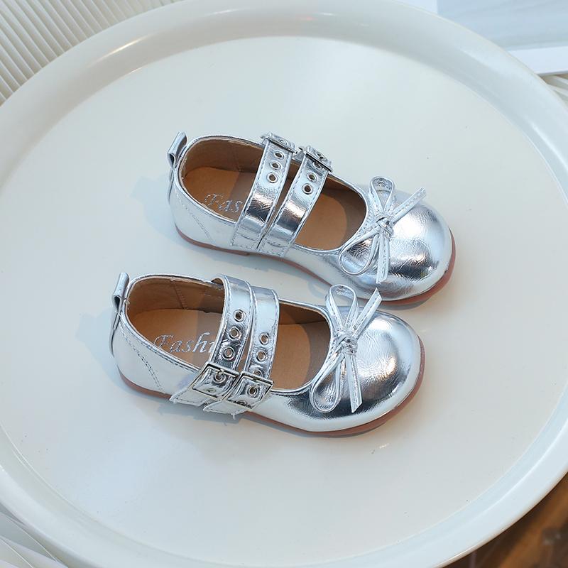 Children's Leather Shoes Fashion Causal Girls Silver Flat Shoes Spring Autumn Bowtie Kid Princess Ballet Shoes Shallow Versatile