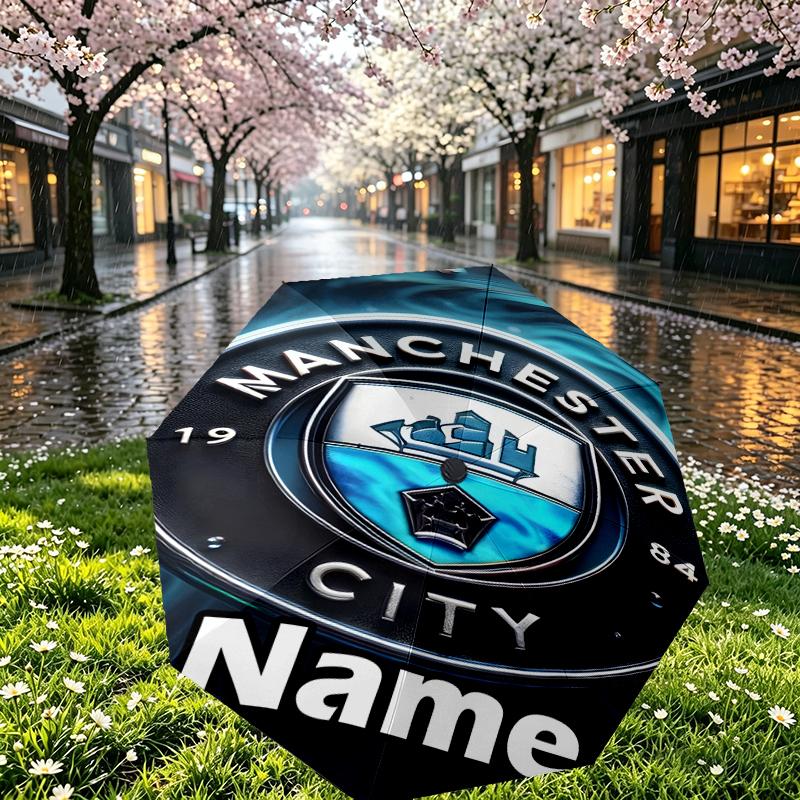 Custom Name Personalized Manchester City FC Print Umbrella, Auto Open Close, 8‑Rib Sturdy Frame, Commute Camping Hiking Use, Birthday Gift