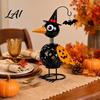Halloween Candle Holder Lantern Metal Crow Pumpkin Figurine Wrought Iron Raven Statue with Witch Hat Swinging Head Figurine LED for Garden