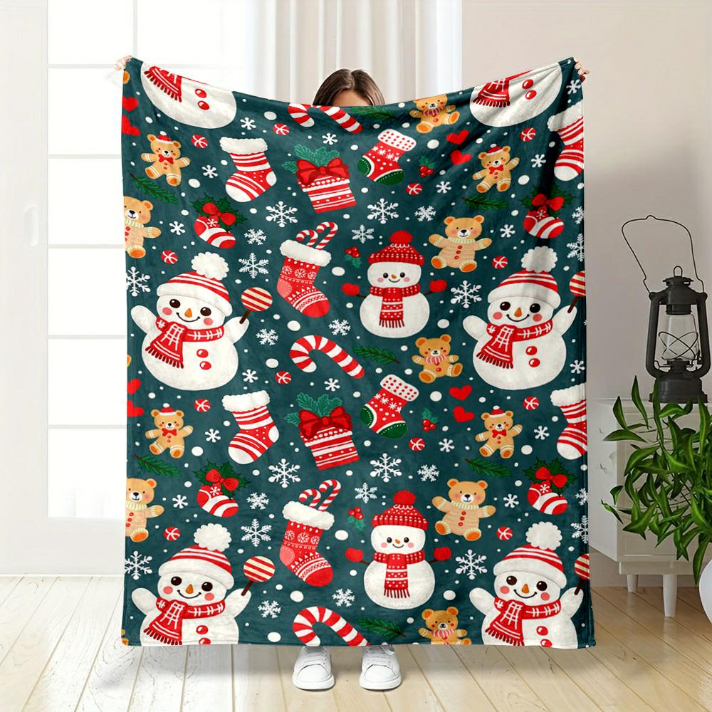 Christmas Snowman and Teddy Bear Pattern Warm blanket Flannel blanket for bedroom, living room, sofa, and nap sofas