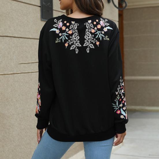 Женская толстовка в этническом стиле с цветочной вышивкой, круглым вырезом и длинными рукавами, контрастного цвета, весна-осень, с эластичными манжетами и подолом