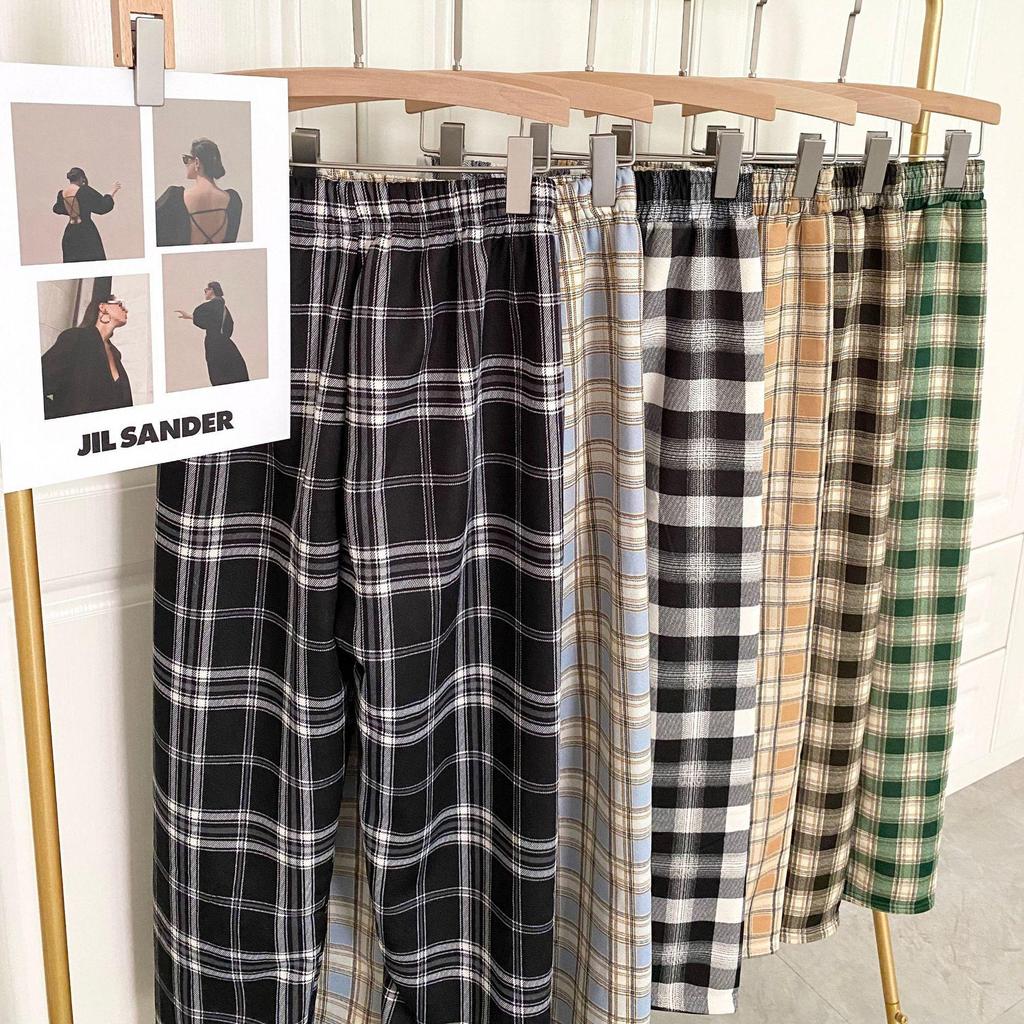 Women's High-Waisted Fleece-Lined Wool Plaid Wide-Leg Pants
