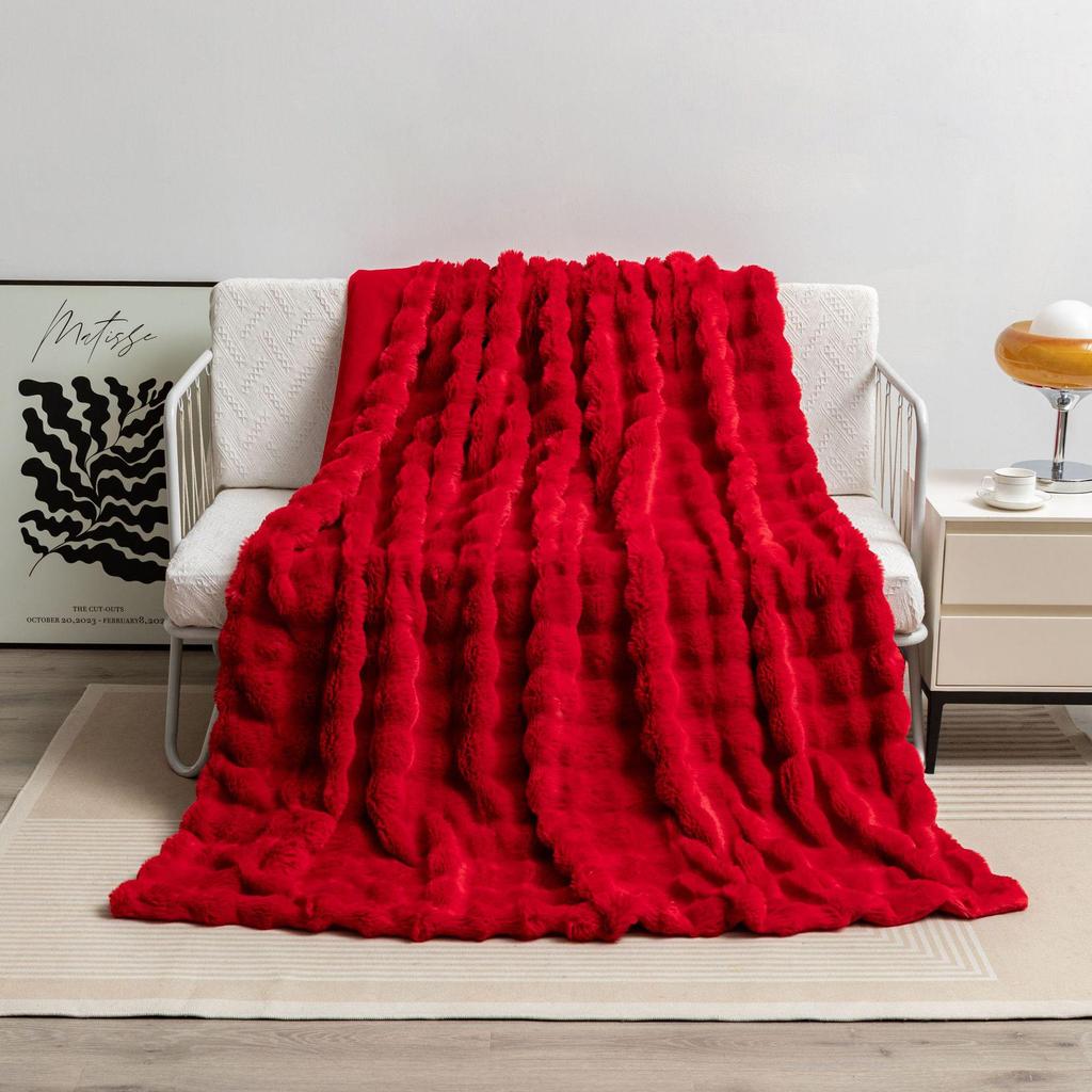 Tuscany Bubble Rabbit Fur Flannel Nap Blanket - Cozy Four-Season Coral Fleece Cover