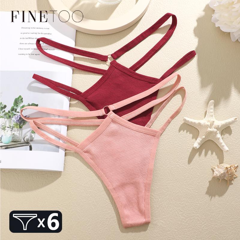 FINETOO 6Pcs Cotton Double Belts Underwear Women Sexy Metal Ring Thongs Low Waist Erotic Lingerie Breathable Comfort Intimates