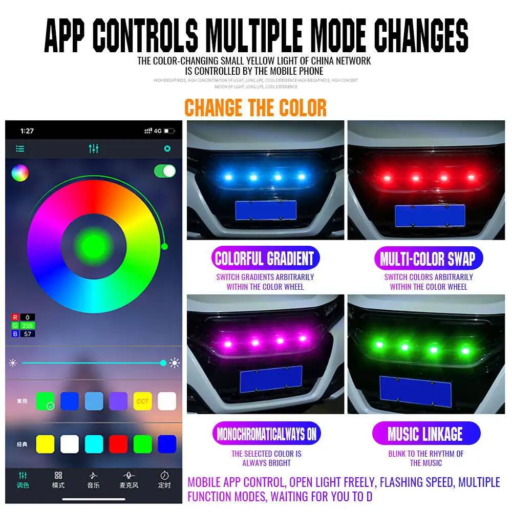 Светодиодная подсветка передней решетки автомобиля Универсальный дневной ходовой огонь RGB Управление через приложение Предупредительный свет центральной решетки Внешние аксессуары