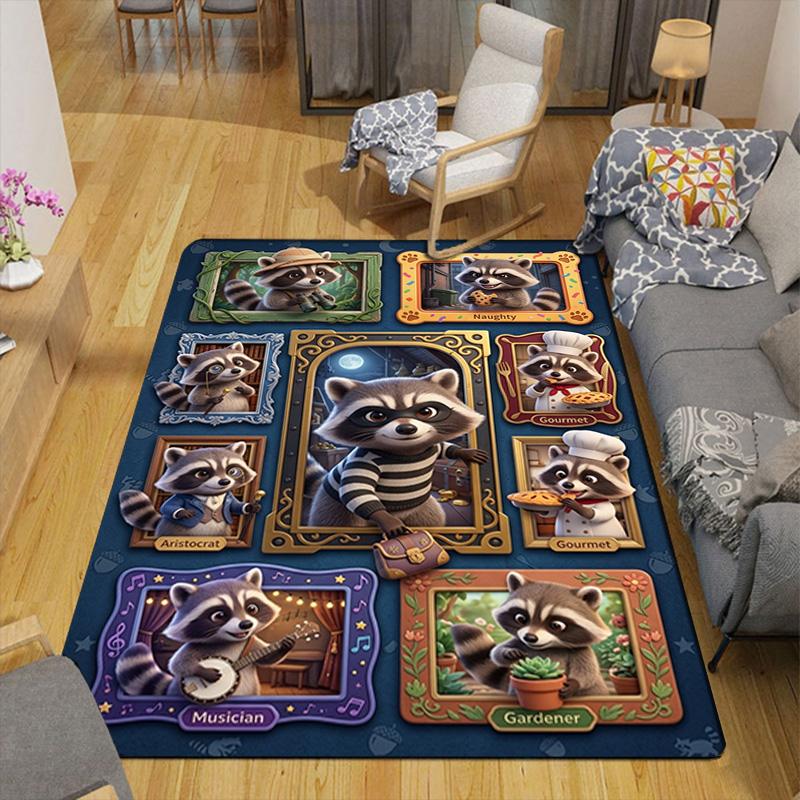 Raccoon Adventures Frames Pattern Rug Floor Mat for Living Room or Bedroom Soft and Comfortable Carpet a Gift for Birthday and Holiday.