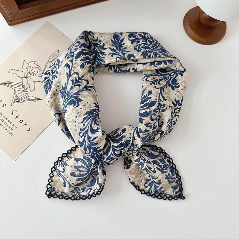 70% Cotton Linen Small Square Silk Scarf - Korean Style Floral Design for Versatile Neckwear and Decorative Use