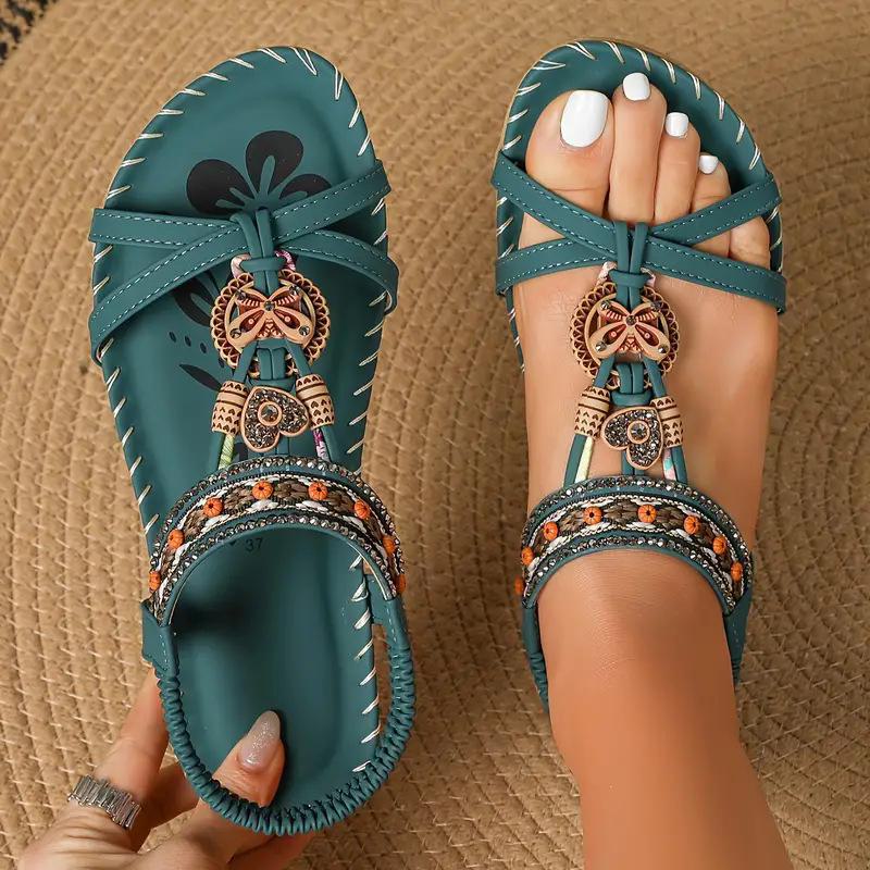 Bohemian Spring 2024 Rhinestone Flower Open-Toed Sandals for Outdoor Beach