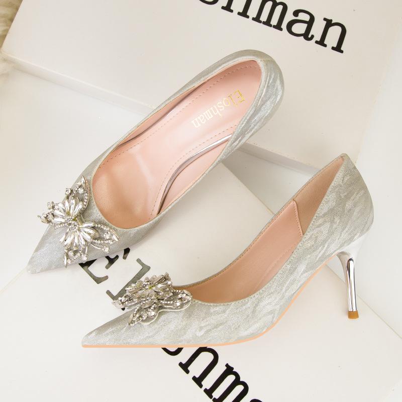 Мода мода сексуальные тонкие женские туфли на высоком каблуке туфли на шпильках с неглубоким носком и острым носком блестящие стразы пряжка женская обувь