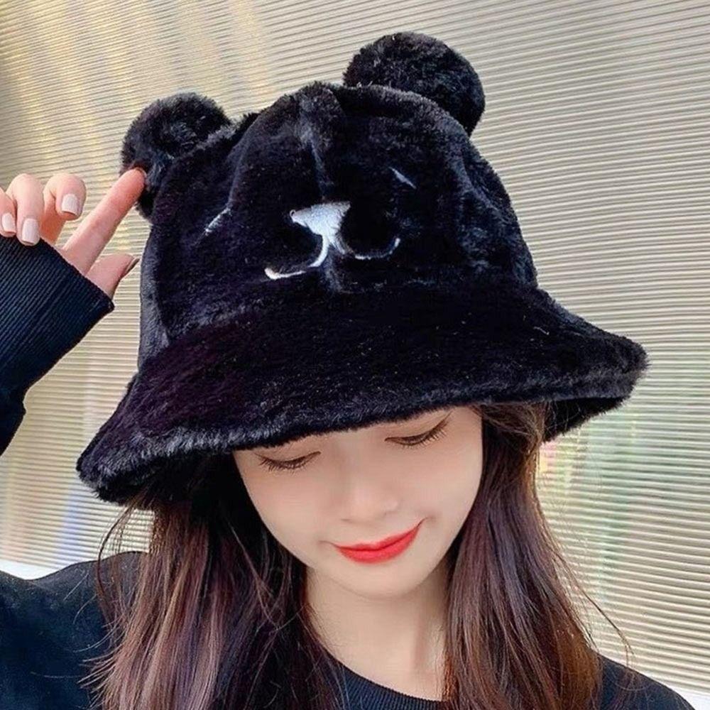 Fashion Cute Bear Ears Fur Bucket Hat Warm Soft Women's Fisherman Hat Thick Basin Hat Clothing Accessories