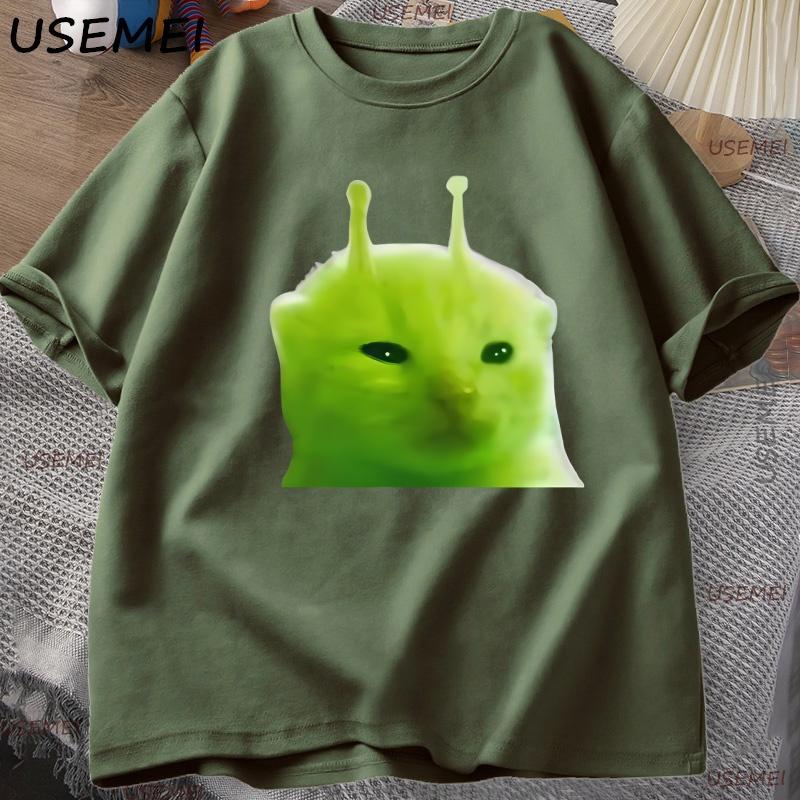 Green Alien Cat T Shirt Women Unisex Cat Meme Tee Glorp Gnarp Cat Brainrot Tshirt Silly Cute TShirt Loose Cotton Short Sleeve