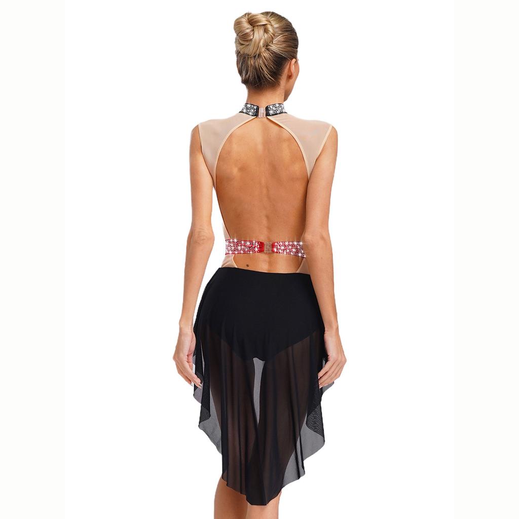 Women Lyrical Dance Dress Mock Neck Sleeveless Backless Shiny Rhinestones Color Block Mesh Skirted Leotard