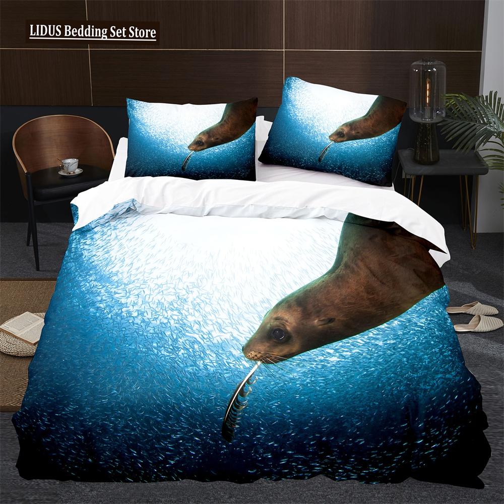 Пододеяльник Морской лев размера кинг/квин, милый комплект постельного белья с морскими животными для детей, мальчиков, девочек, синий, море, пляж, полиэстер, чехол для одеяла