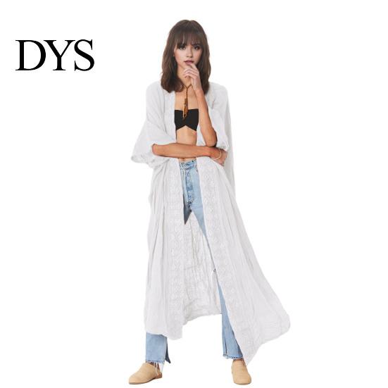 Swimsuit Cover-up Lady Beach Cardigan Sunscreen Anti-UV Long Sleeves Lace Bohemian Style Bikini Casual Daily Coat Thin Calf Length Vacation