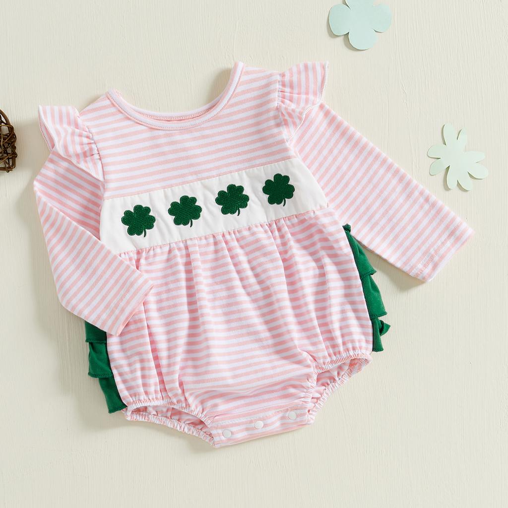 Baby Girl Striped Bodysuit Clover Ruffle Trim Long Sleeve Romper Cute Irish Clothes